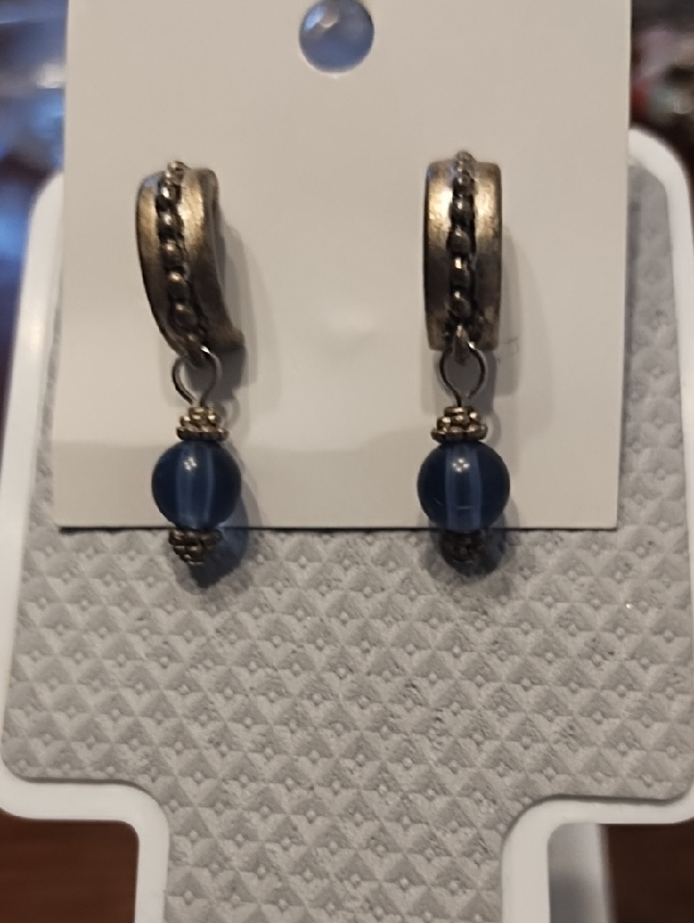 Vintage-Style Blue Bead Drop Hoop Earrings